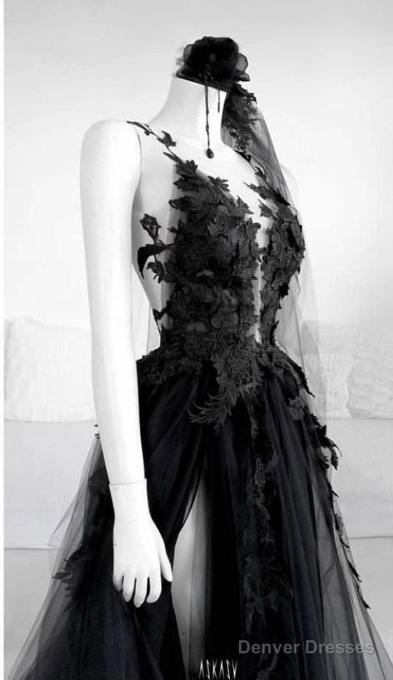 A Line Long Black Tulle Lace Prom Dress Secondary image