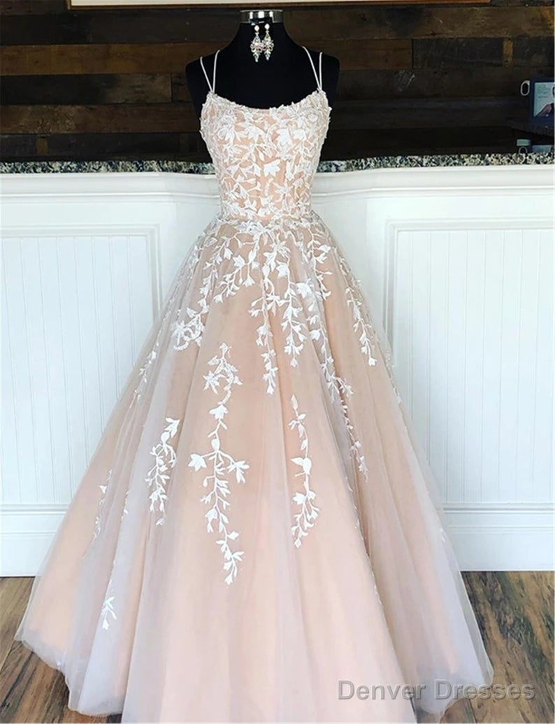 A Line Long Lace Prom Dresses Spaghetti Straps Sleeveless