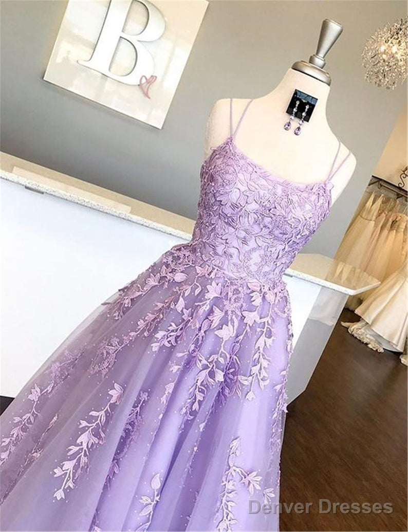 A Line Long Lace Prom Dresses Spaghetti Straps Sleeveless