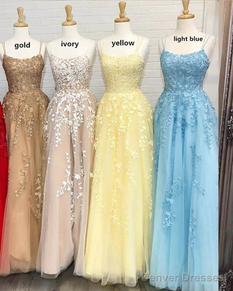 A Line Long Lace Prom Dresses Spaghetti Straps Sleeveless