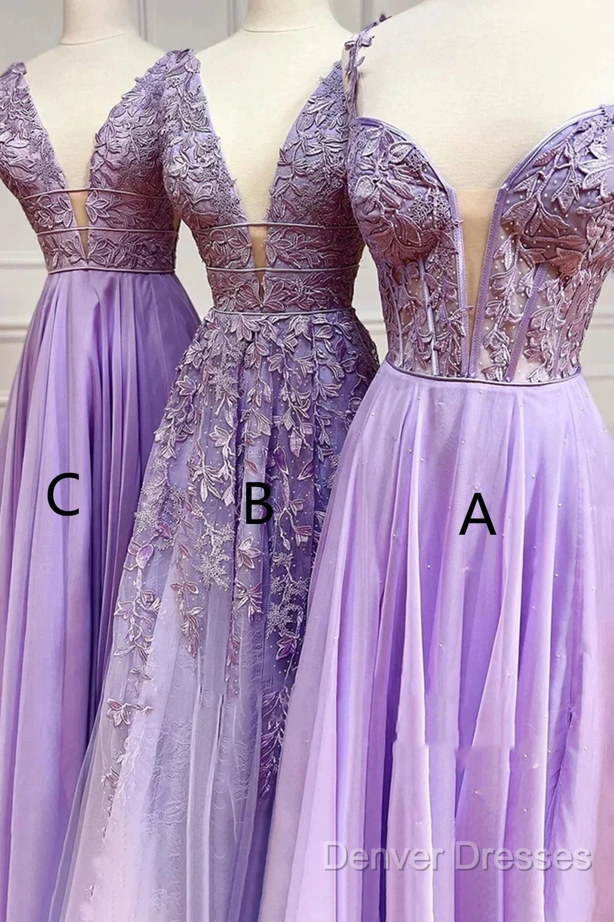 A-Line Long Lace Purple Prom Dress V-Neck Lilac Party Dress