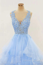 A-Line Long Layers Lace Prom Dress Light Blue Beaded Appliques
