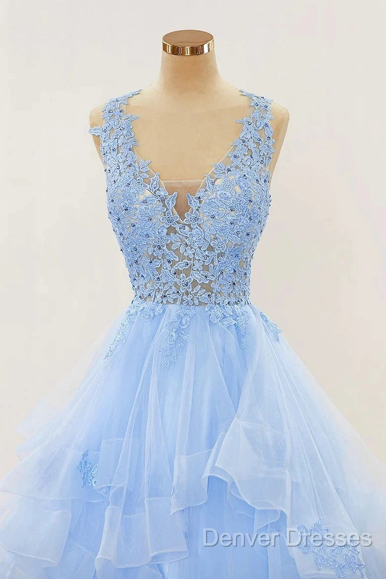 A-Line Long Layers Lace Prom Dress Light Blue Beaded Appliques