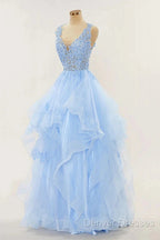 A-Line Long Layers Lace Prom Dress Light Blue Beaded Appliques