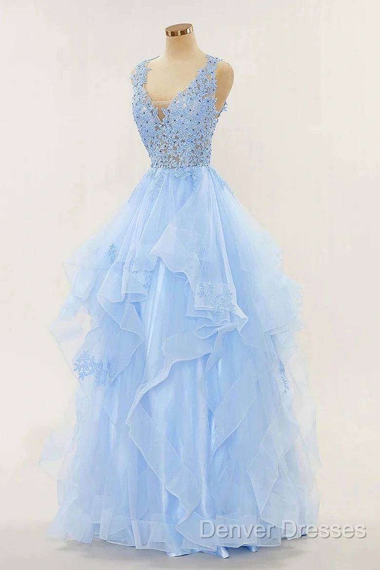 A-Line Long Layers Lace Prom Dress Light Blue Beaded Appliques