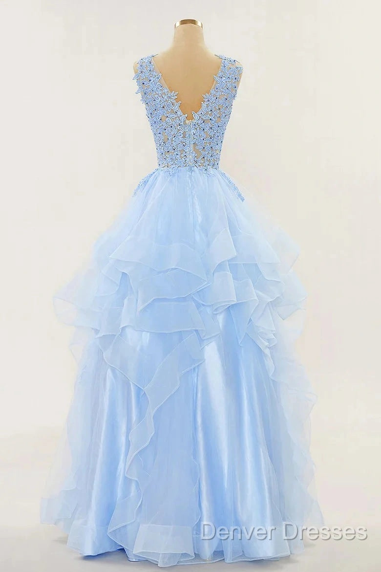 A-Line Long Layers Lace Prom Dress Light Blue Beaded Appliques