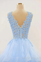 A-Line Long Layers Lace Prom Dress Light Blue Beaded Appliques