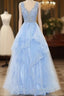 A-Line Long Layers Lace Prom Dress Light Blue Beaded Appliques