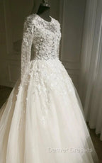 A-Line Long Sleeve Bell Beading Appliques Flower Zipper Keyhole Tulle Lace Dress