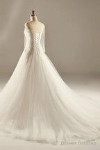 A-Line Long Sleeve Waist Lace Beaded Wedding Dress Court Train