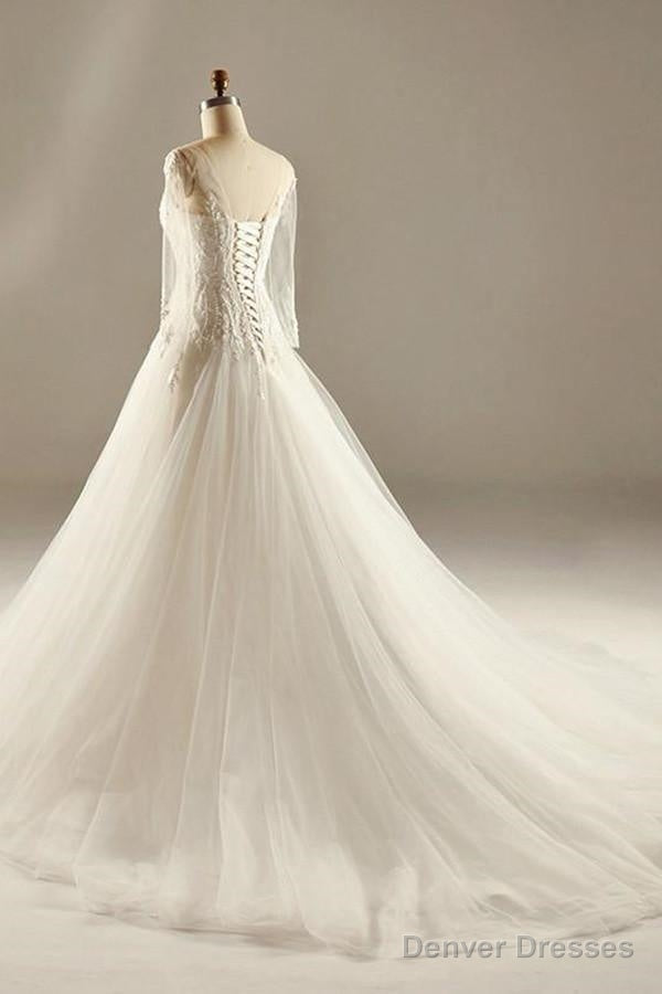 A-Line Long Sleeve Waist Lace Beaded Wedding Dress Court Train