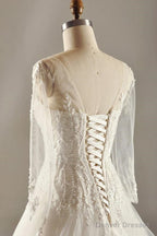A-Line Long Sleeve Waist Lace Beaded Wedding Dress Court Train