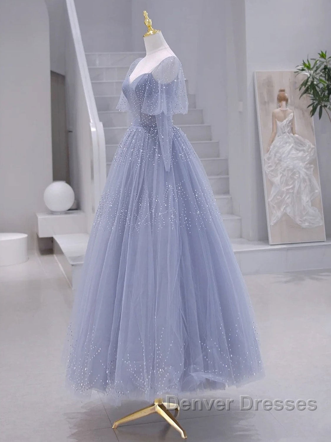 A-Line Long sleeves Beading Gray Blue Long Prom Dress, Gray Blue Formal Dress Secondary image