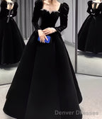 A Line Long Sleeves Black Velvet Prom Dresses