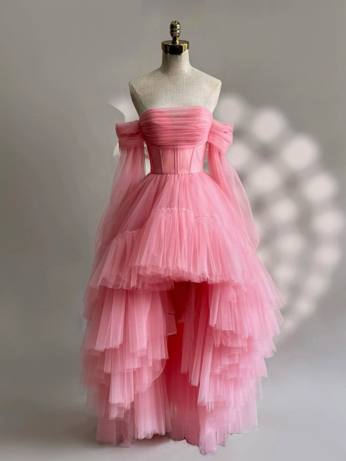A-Line Long Sleeves High Low Tulle Lace Pink Prom Dress Main image