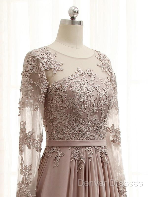 A Line Long Sleeves Lace Prom Dress Chiffon Evening Gown
