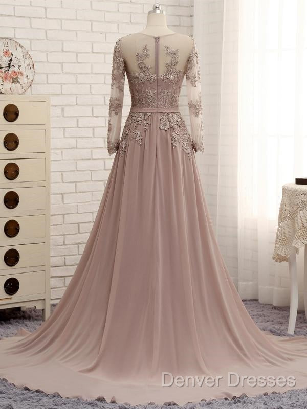 A Line Long Sleeves Lace Prom Dress Chiffon Evening Gown