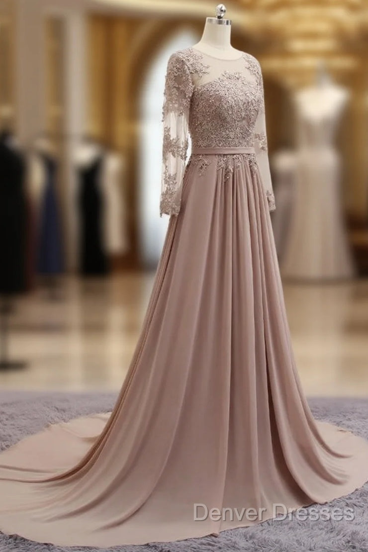 A Line Long Sleeves Lace Prom Dress Chiffon Evening Gown