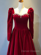 A Line Long Sleeves Red Velvet Prom Dress