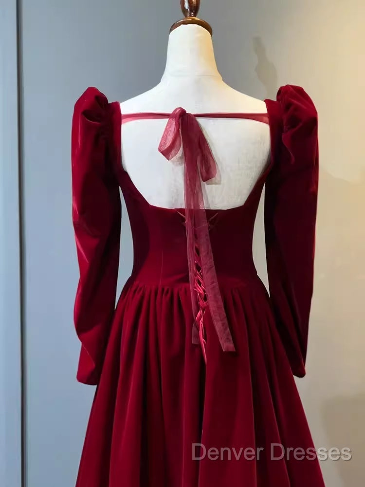 A Line Long Sleeves Red Velvet Prom Dress