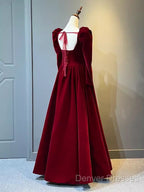A Line Long Sleeves Red Velvet Prom Dress