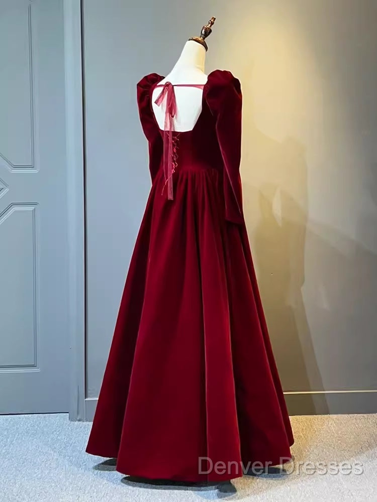 A Line Long Sleeves Red Velvet Prom Dress
