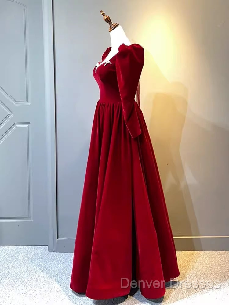 A Line Long Sleeves Red Velvet Prom Dress