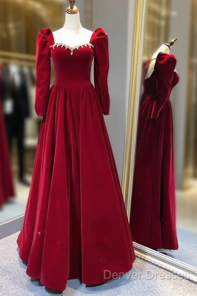 A Line Long Sleeves Red Velvet Prom Dress