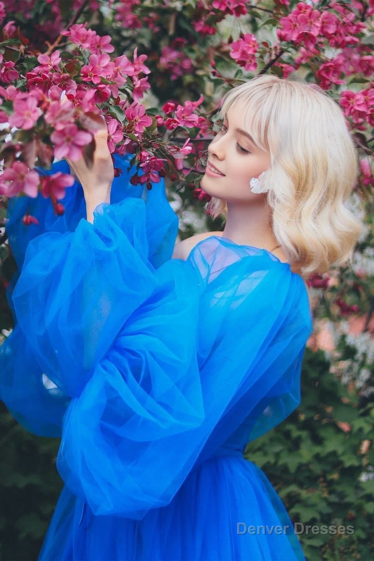 A line Long Sleeves Satin Tulle Prom Dress with Slit