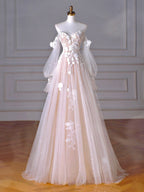 A-Line Long Sleeves Tulle Lace Champagne Long Prom Dress, Champagne Long Formal Dress