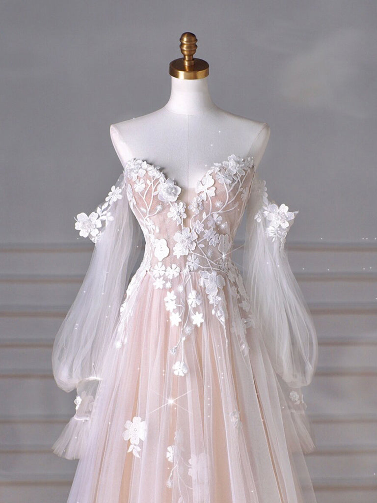 A-Line Long Sleeves Tulle Lace Champagne Long Prom Dress, Champagne Long Formal Dress Secondary image