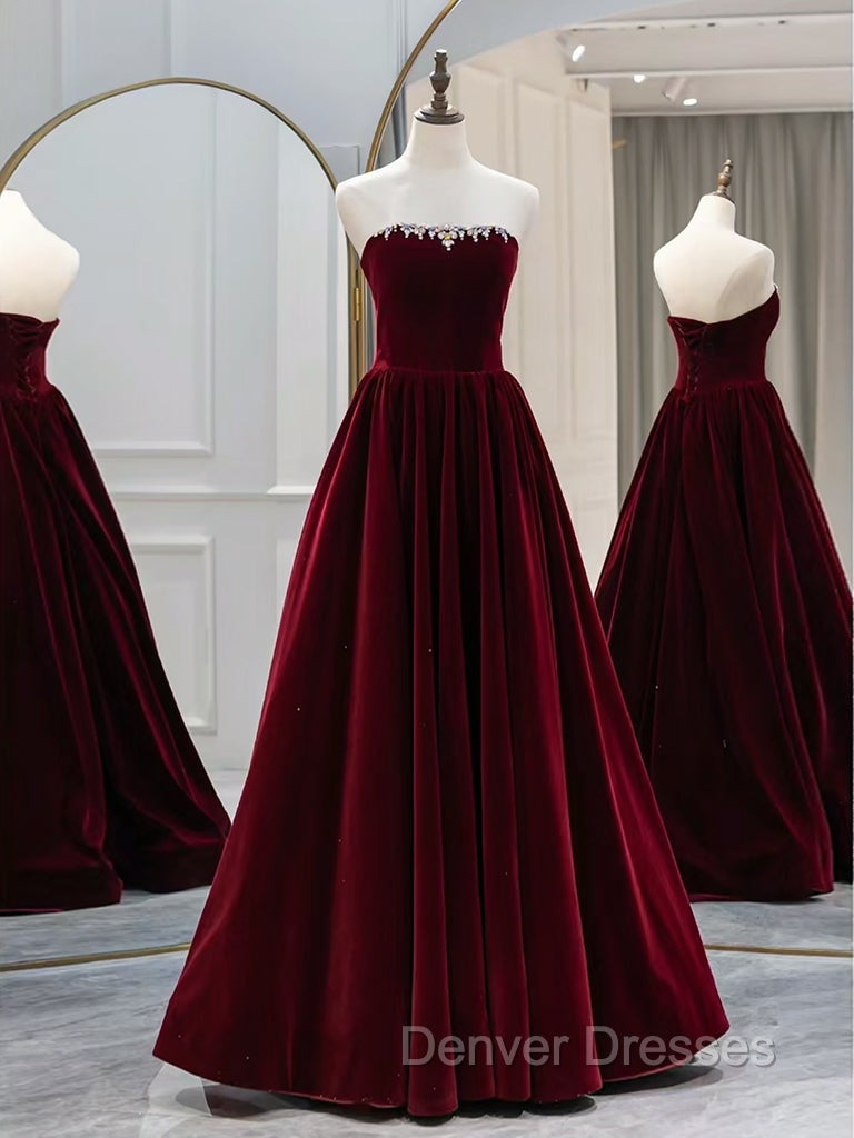 A-Line Long Sleeves Velvet Burgundy Long Prom Dress, Burgundy Long Evening Dress with Beads Secondary image