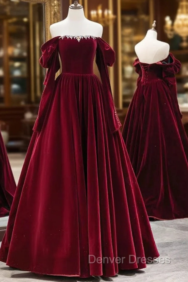 A-Line Long Sleeves Velvet Burgundy Long Prom Dress, Burgundy Long Evening Dress with Beads Main image