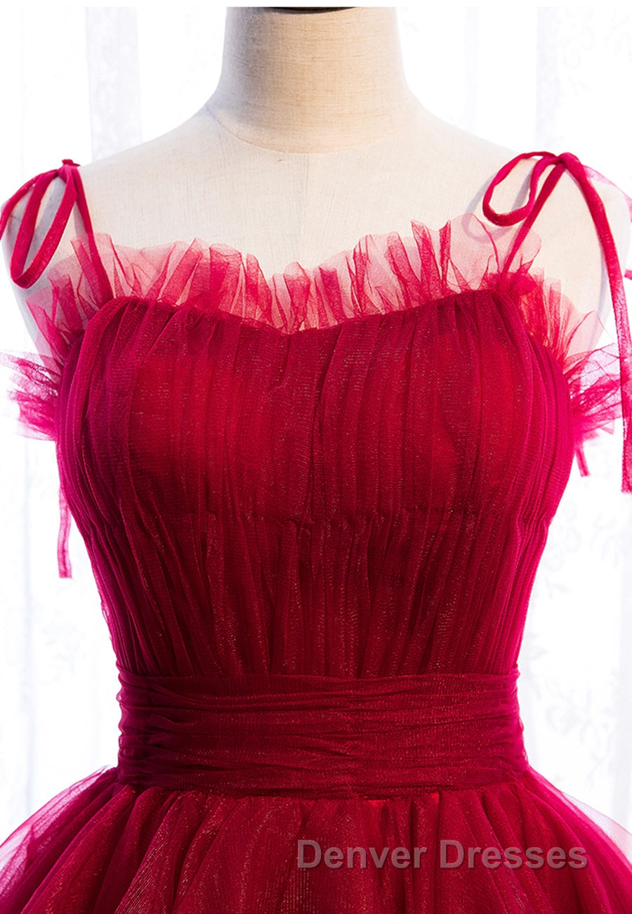 A-Line Long Spaghetti Strap Red Prom Dress,Black Layers Tulle Evening Dress