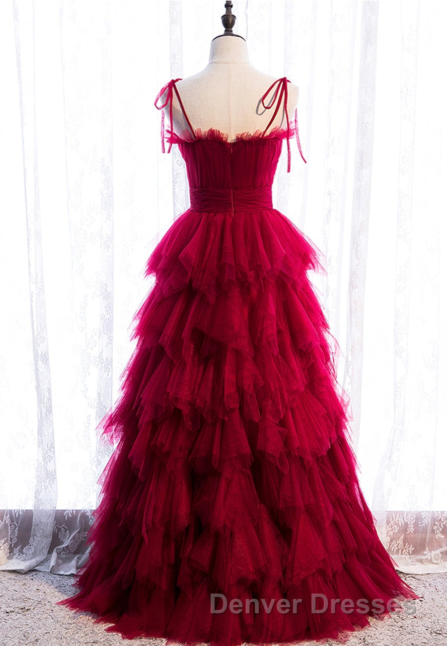 A-Line Long Spaghetti Strap Red Prom Dress,Black Layers Tulle Evening Dress
