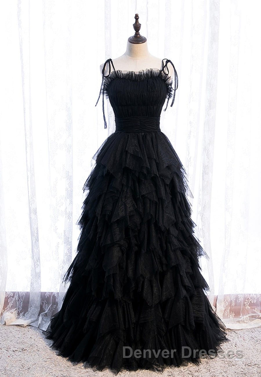 A-Line Long Spaghetti Strap Red Prom Dress,Black Layers Tulle Evening Dress