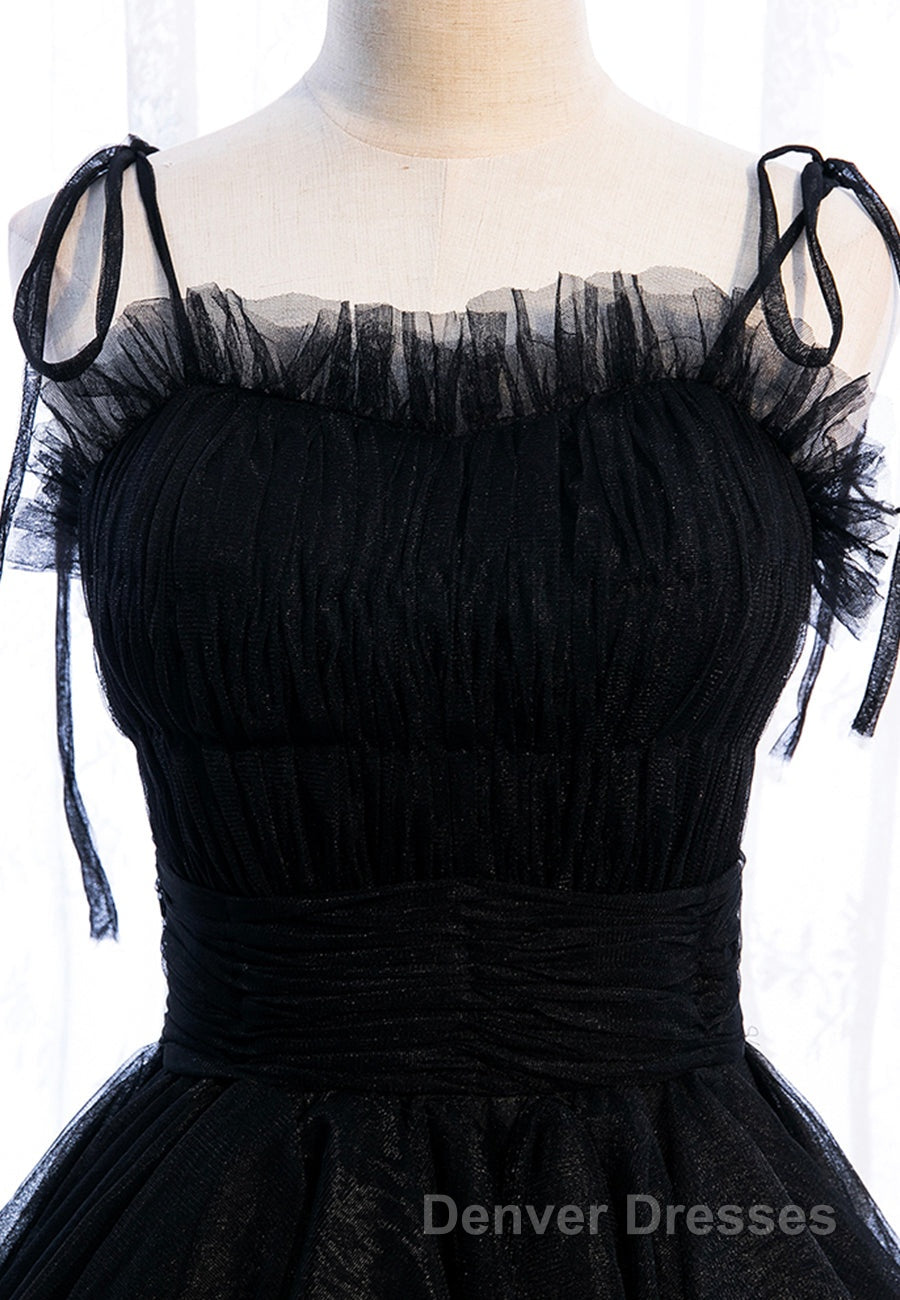 A-Line Long Spaghetti Strap Red Prom Dress,Black Layers Tulle Evening Dress