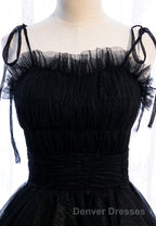 A-Line Long Spaghetti Strap Red Prom Dress,Black Layers Tulle Evening Dress