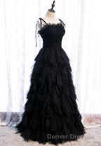A-Line Long Spaghetti Strap Red Prom Dress,Black Layers Tulle Evening Dress