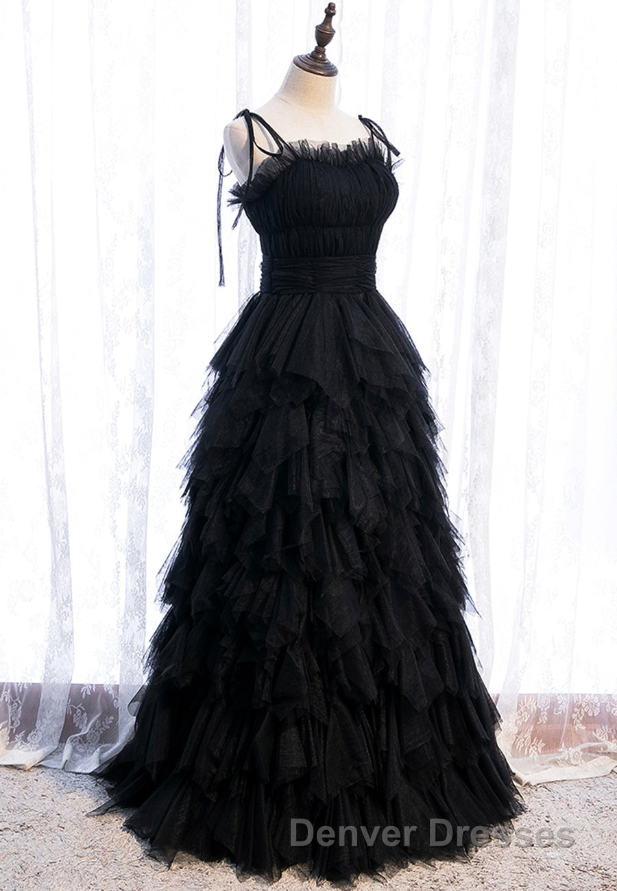 A-Line Long Spaghetti Strap Red Prom Dress,Black Layers Tulle Evening Dress
