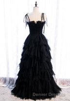 A-Line Long Spaghetti Strap Red Prom Dress,Black Layers Tulle Evening Dress