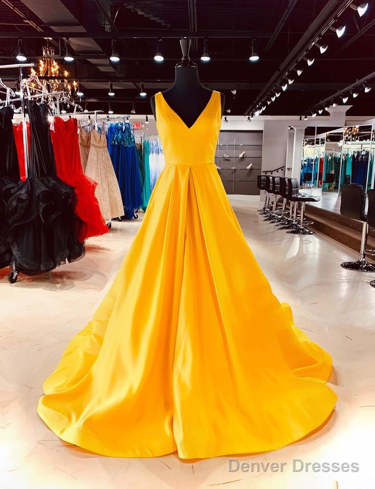 A Line Long V Neck Sleeveless Yellow Prom Formal Dresses Main image