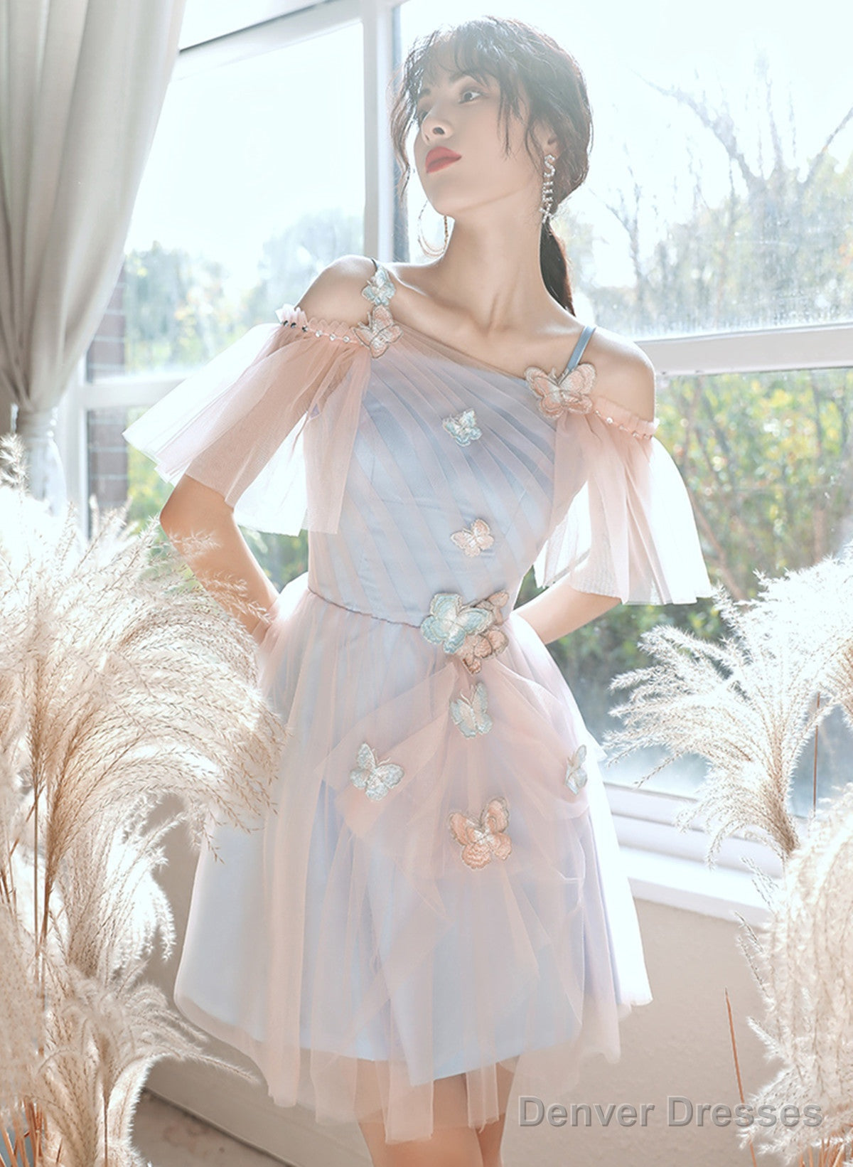 A-Line Lovely Pink And Blue Short Tulle Party Dress, Short Homecoming Dress Prom Dress