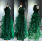 Elegant A-Line Halter Sparkly Sequins Long Prom Dress  Navy Blue Evening Dress