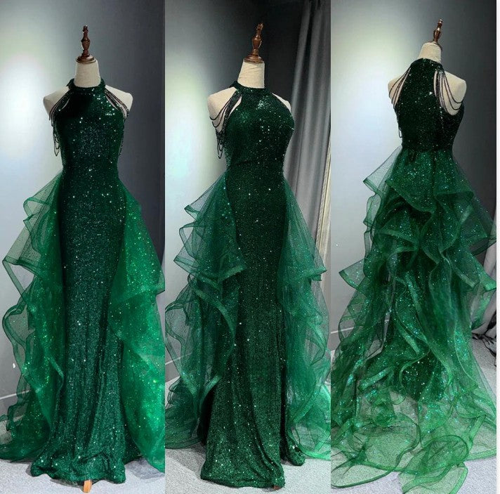 Elegant A-Line Halter Sparkly Sequins Long Prom Dress  Navy Blue Evening Dress