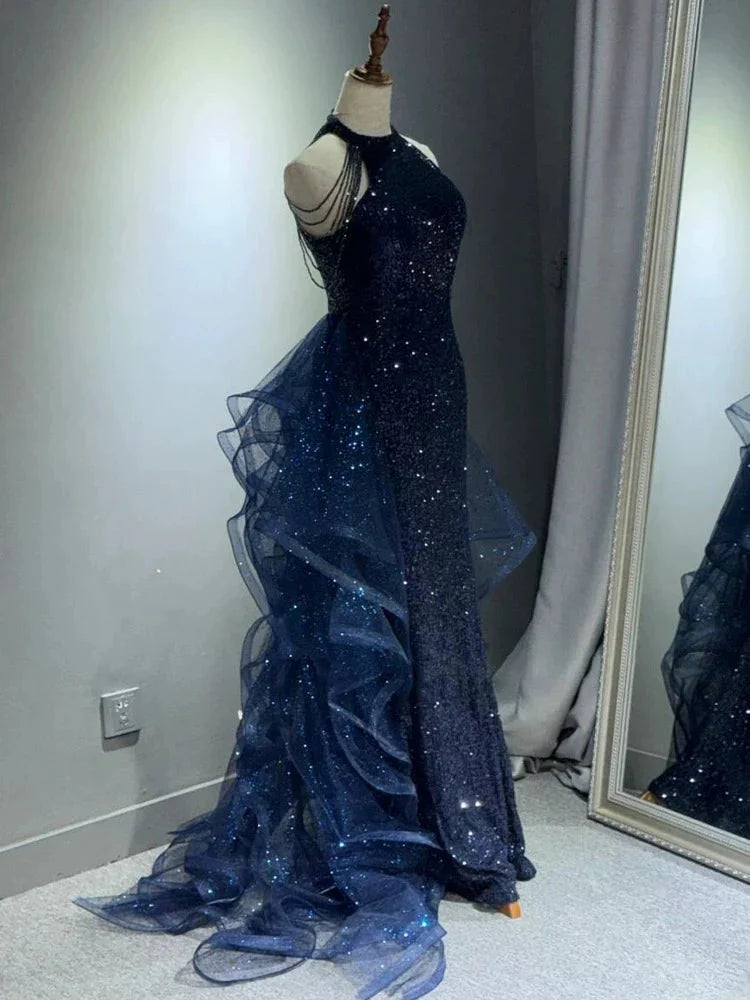Elegant A-Line Halter Sparkly Sequins Long Prom Dress  Navy Blue Evening Dress Secondary image