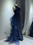 Elegant A-Line Halter Sparkly Sequins Long Prom Dress  Navy Blue Evening Dress