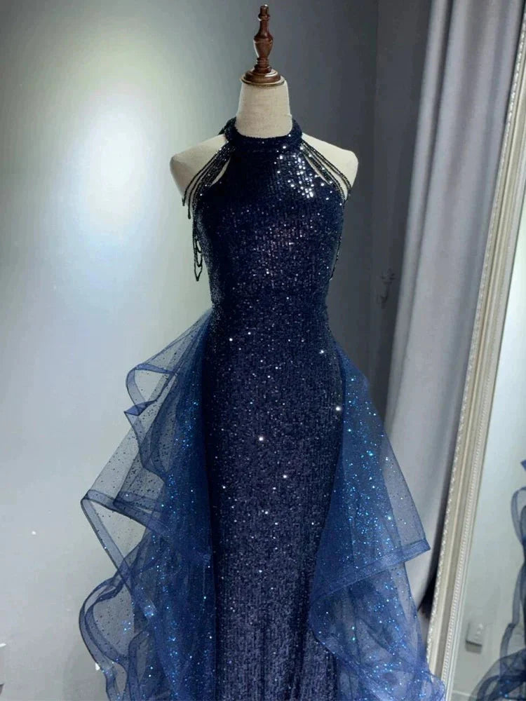 Elegant A-Line Halter Sparkly Sequins Long Prom Dress  Navy Blue Evening Dress