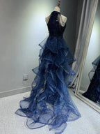 Elegant A-Line Halter Sparkly Sequins Long Prom Dress  Navy Blue Evening Dress