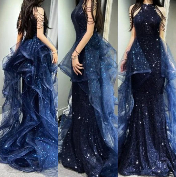 Elegant A-Line Halter Sparkly Sequins Long Prom Dress  Navy Blue Evening Dress